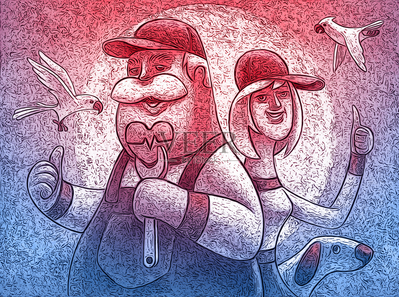 快乐的高级杂工拿着心形图案在妻子身边竖起大拇指插画图片素材