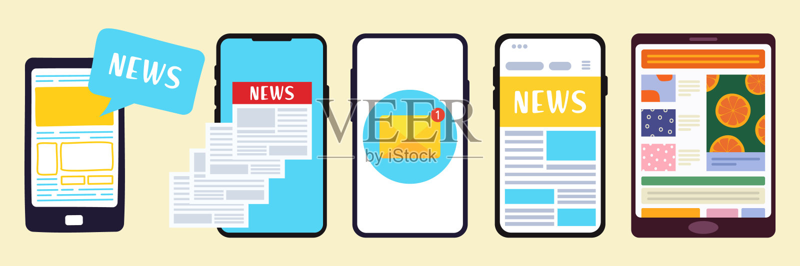 突发新闻。平面现代矢量插图的智能手机在线阅读新闻在手机应用程序的报纸或杂志。您设备中的全球媒体插画图片素材