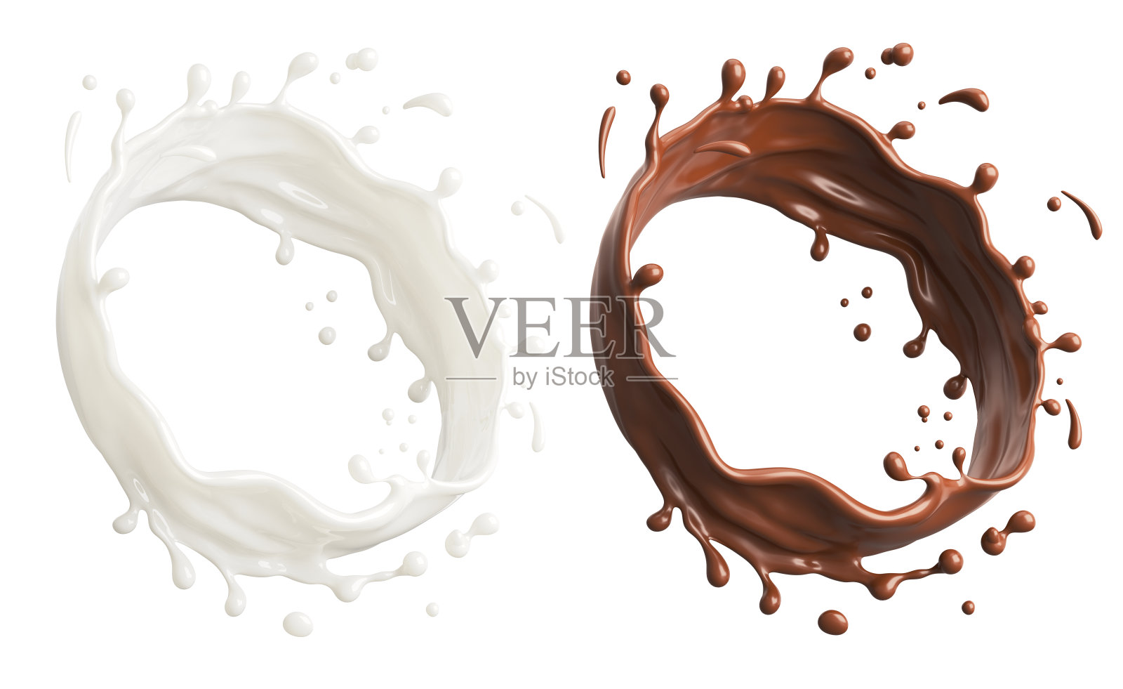牛奶和巧克力飞溅，奶昔和可可倾倒，包括剪切路径，3d插图。照片摄影图片