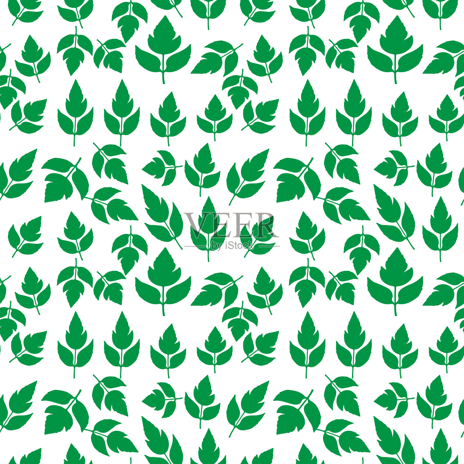 手绘花卉无缝图案的绿叶春花矢量设计在一个白色的背景插画图片素材