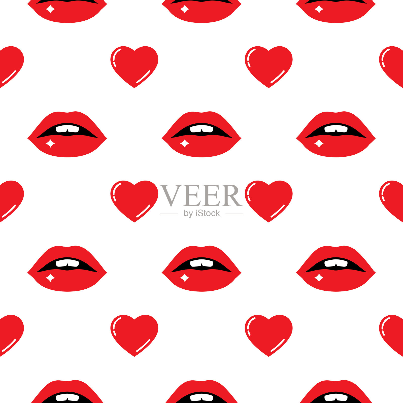 红色闪亮的嘴唇和心无缝图案插画图片素材