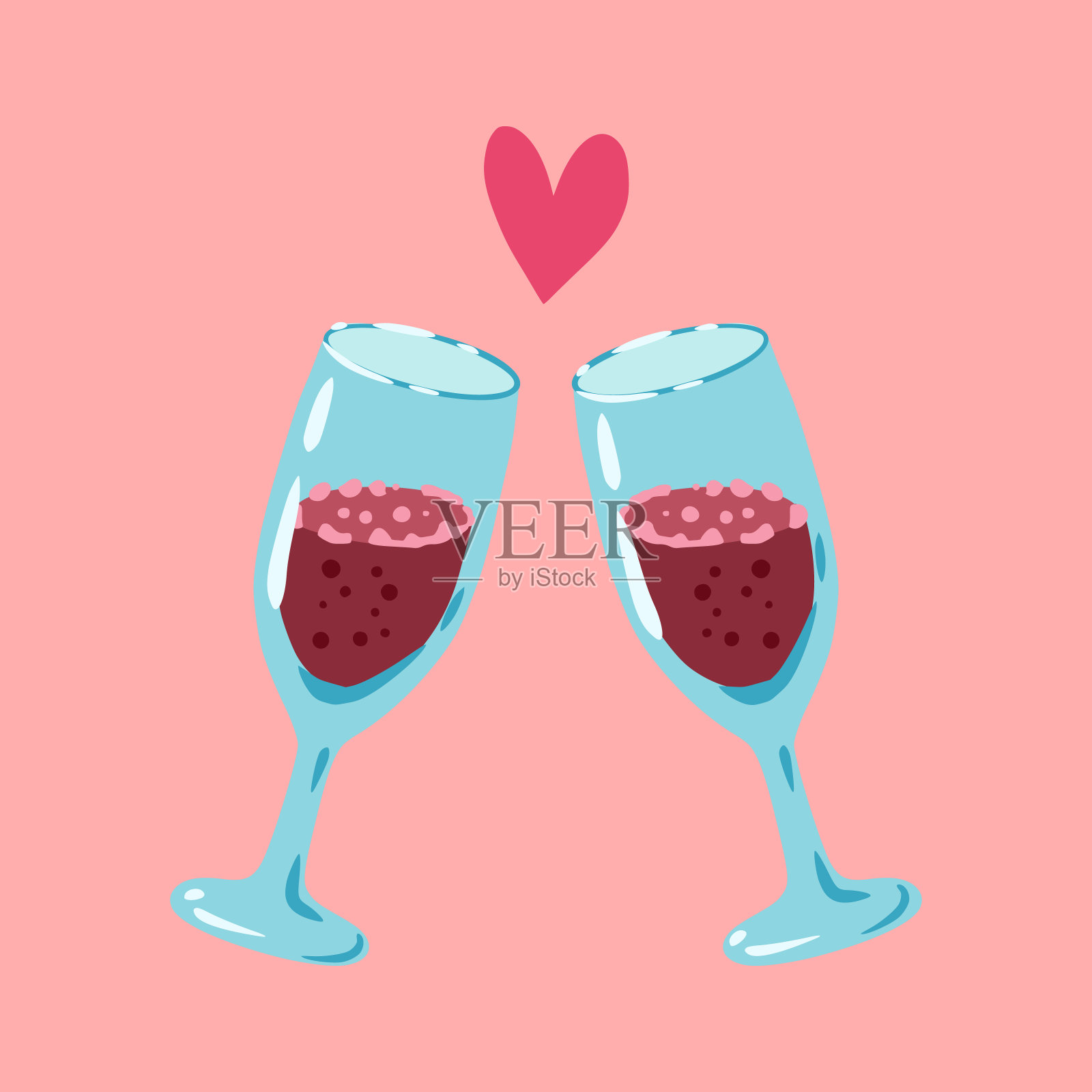 两个酒杯，红色气泡酒，粉色香槟。碰杯的插图。设计贺卡，邀请，印刷，贴纸。生日、情人节、周年纪念插图。插画图片素材