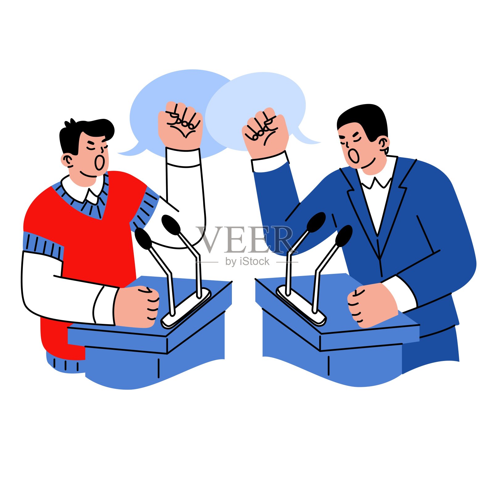 政治辩论。两个男人拿着麦克风站在台子后面争吵。选举中候选人之间的争议。矢量插图。插画图片素材