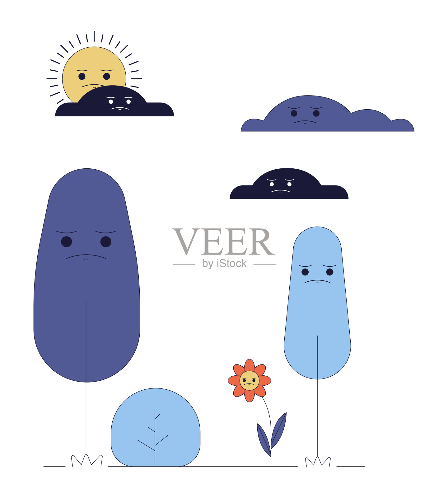 忧郁的植物在阴沉的天气线卡通平面插图插画图片素材