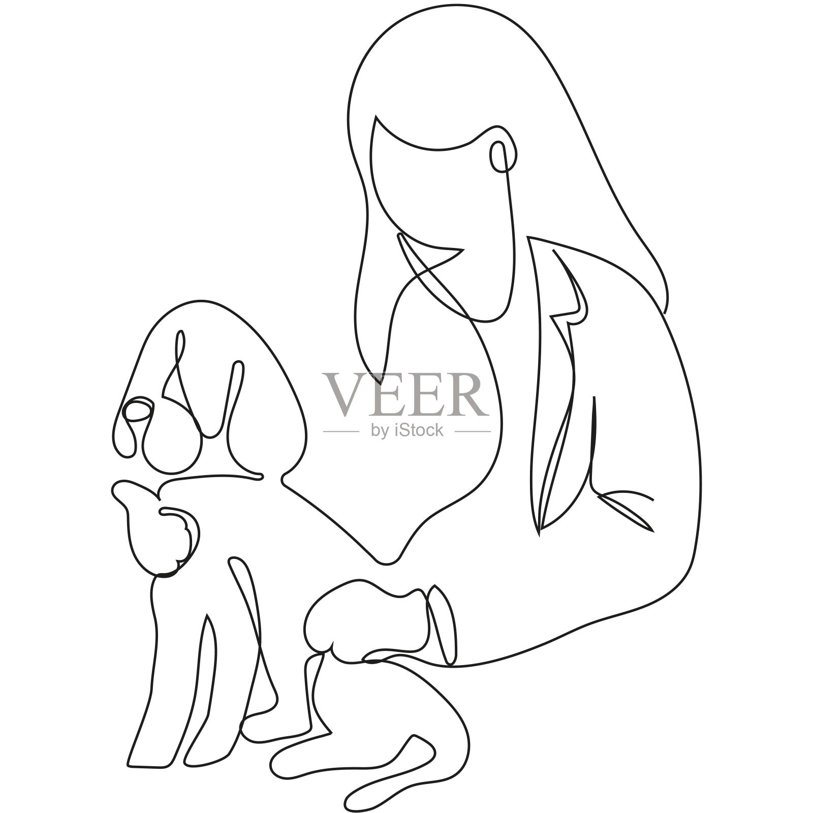 带狗的女孩插画图片素材