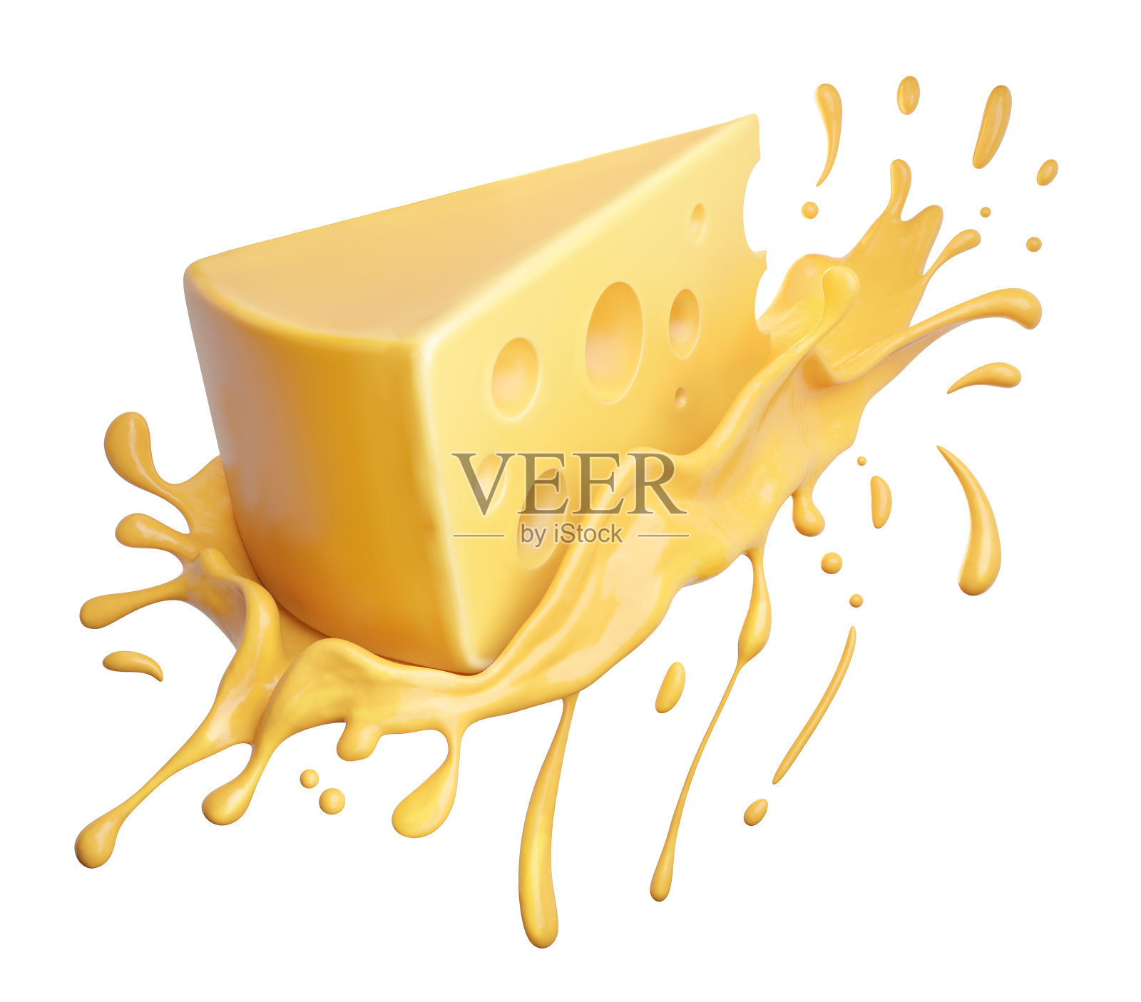 一块奶酪与奶酪酱隔离在白色背景，3d渲染。照片摄影图片