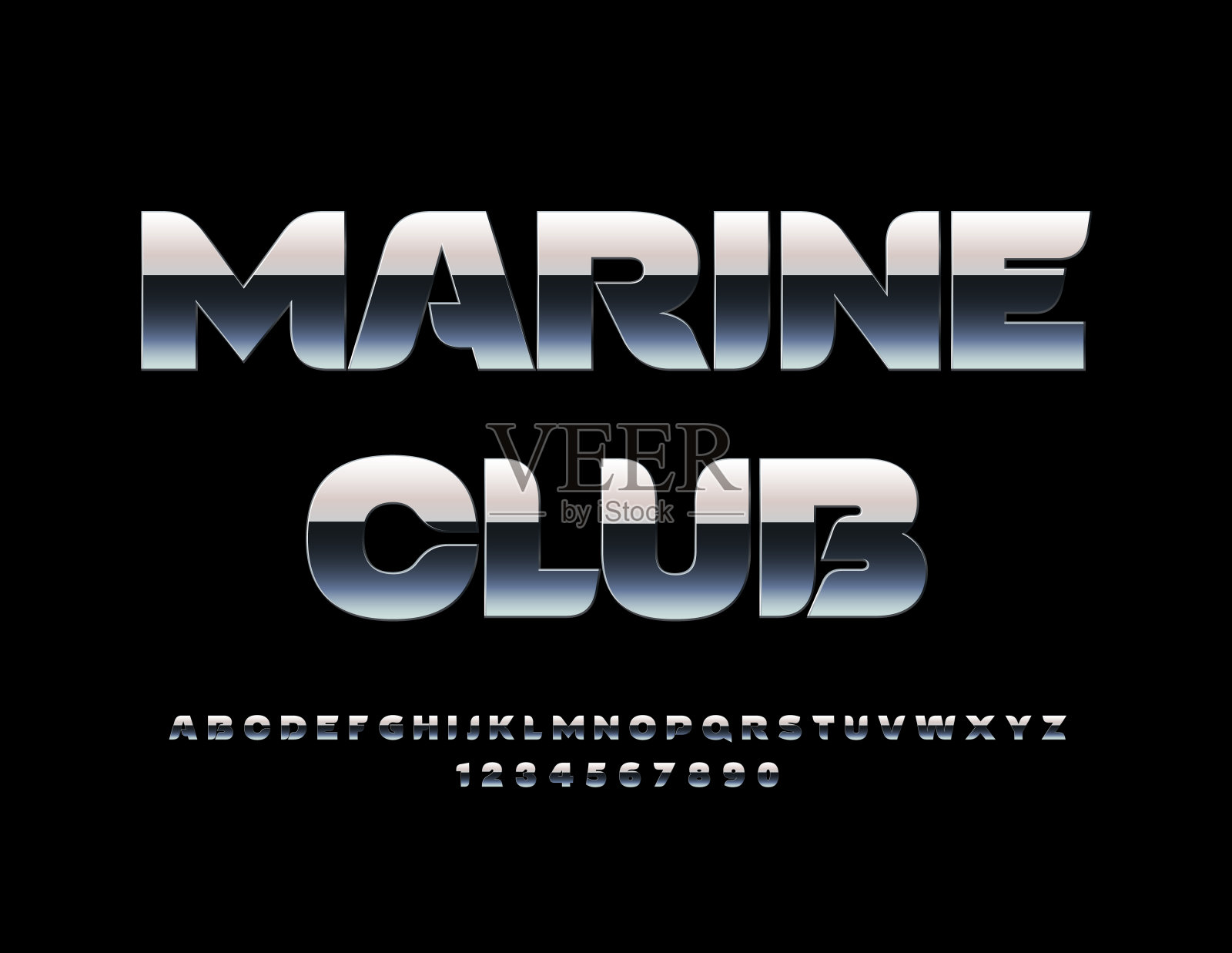 矢量铬徽章海洋俱乐部。银色字母和数字集插画图片素材