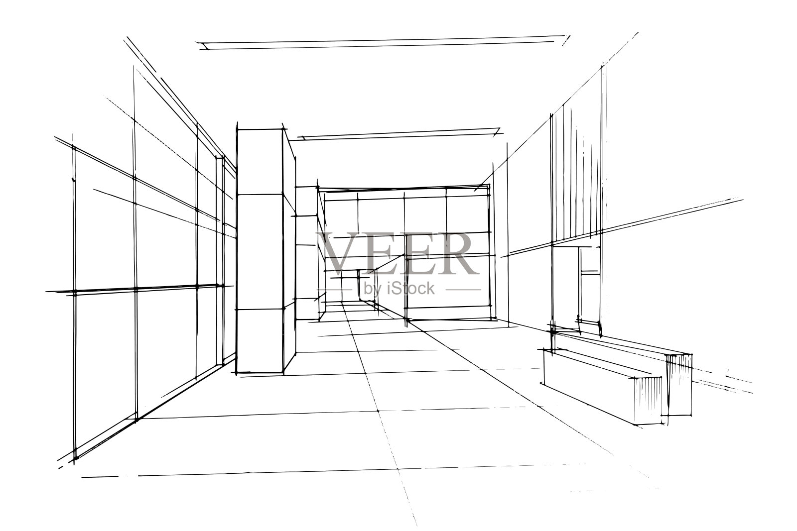 绘制建筑内外线。在建筑和室内设计工作中的平面组装。为室内或室外设计构思草图。插画图片素材