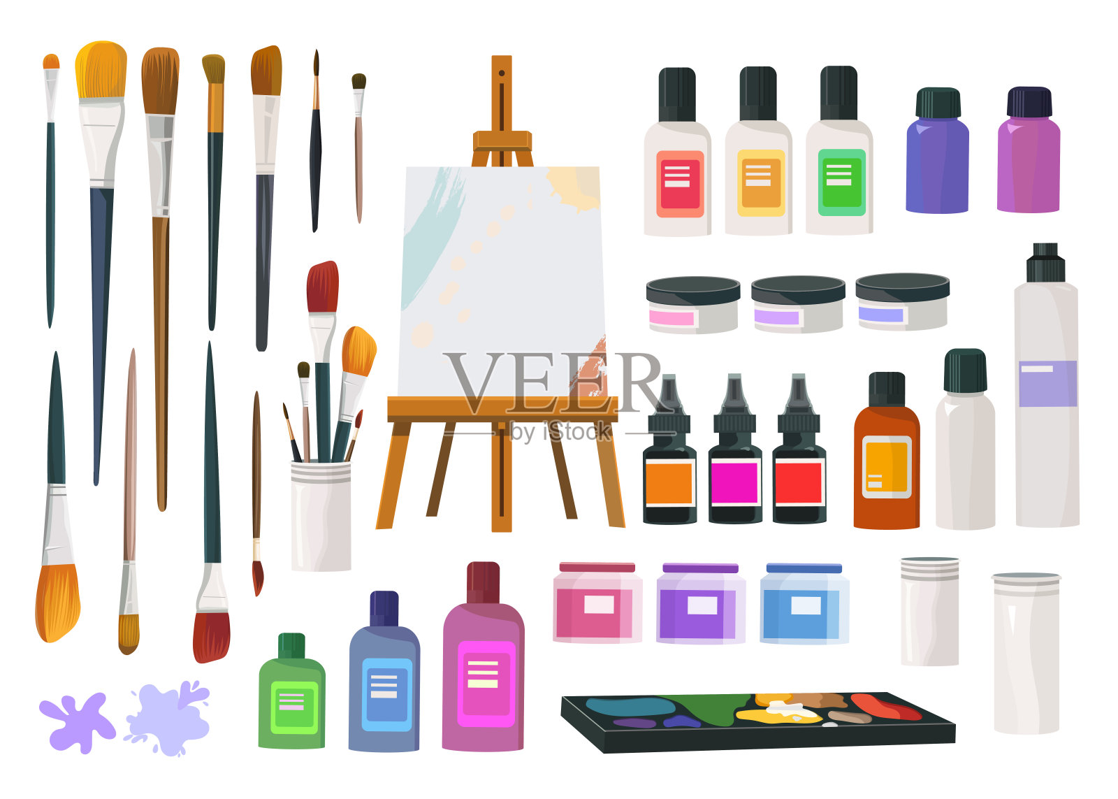 艺术工具和创意材料集，艺术工具包图形元素，画笔，画布，画架插画图片素材