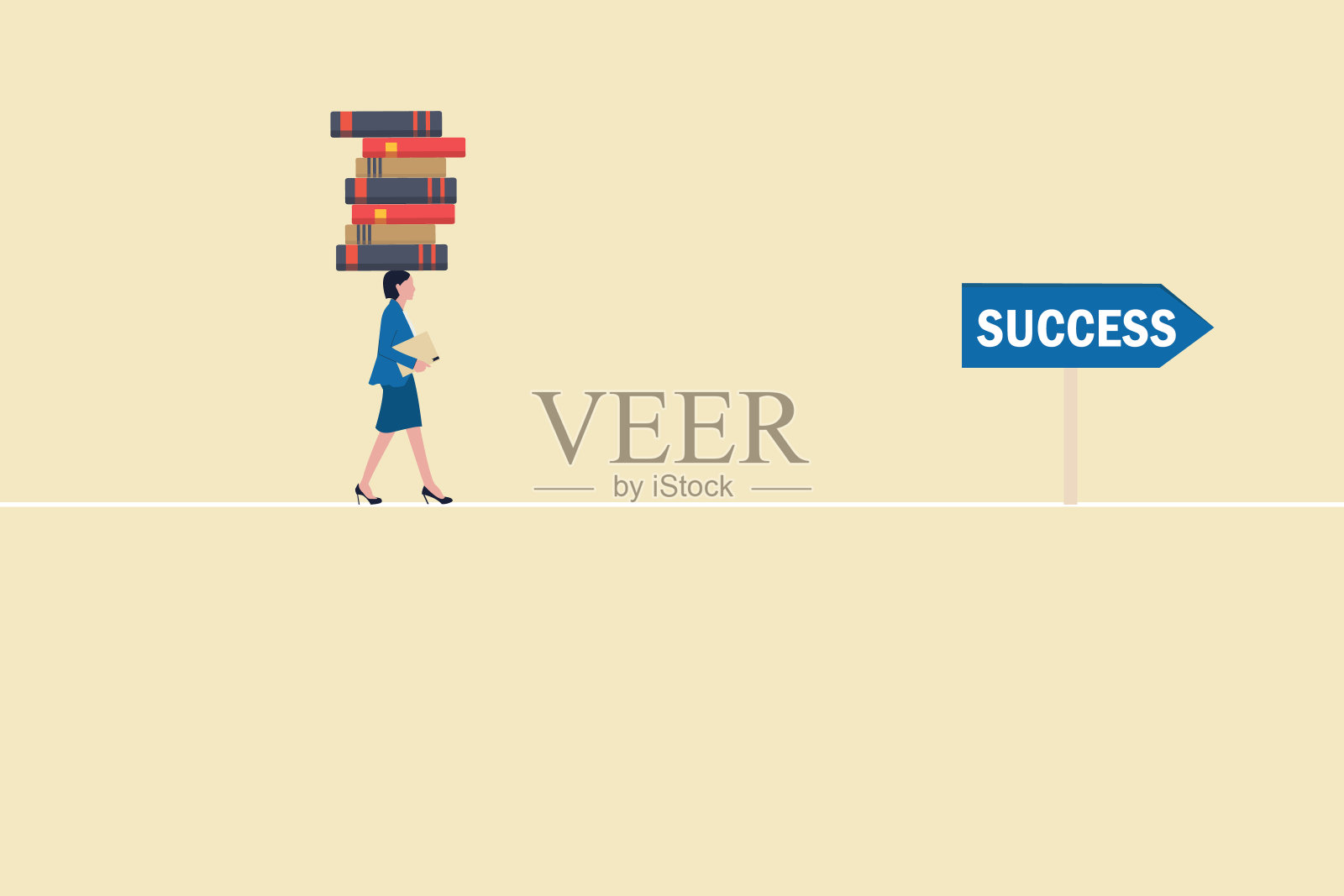 女商人头上顶着书走路。成功的概念，教育水平和技能发展插画图片素材