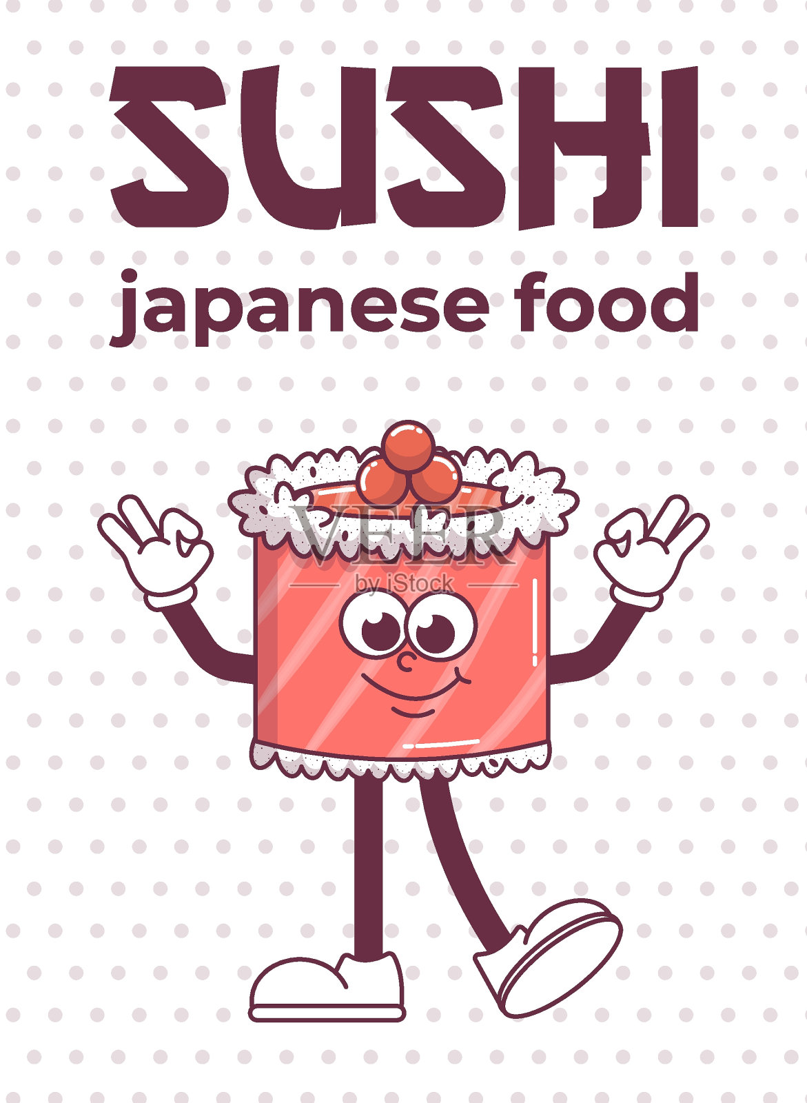 日本经典美食寿司。滚吉祥物groovy风格迷幻微笑。卡通设计海报海鲜酒吧，餐厅。复古矢量插图。插画图片素材