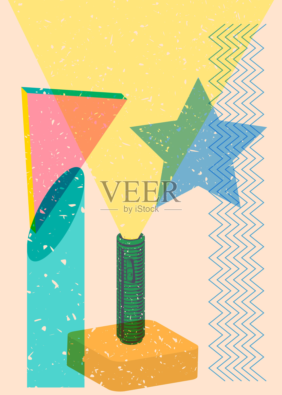 具有几何形状的Risograph手电筒。物体以时尚的riso图形打印纹理风格设计与几何元素。插画图片素材