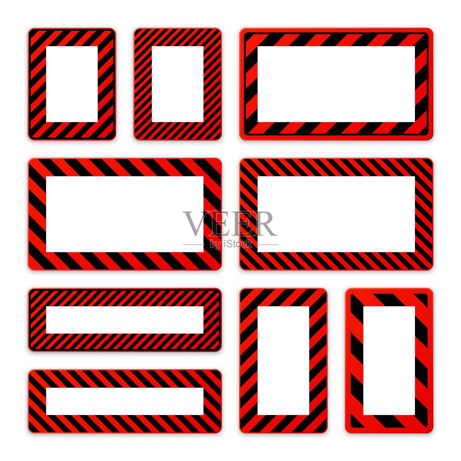 各种空白的对角线警告标志。黄色注意、危险或警告标志、施工现场标志。实事告示牌、警示牌、路牌。矢量图插画图片素材