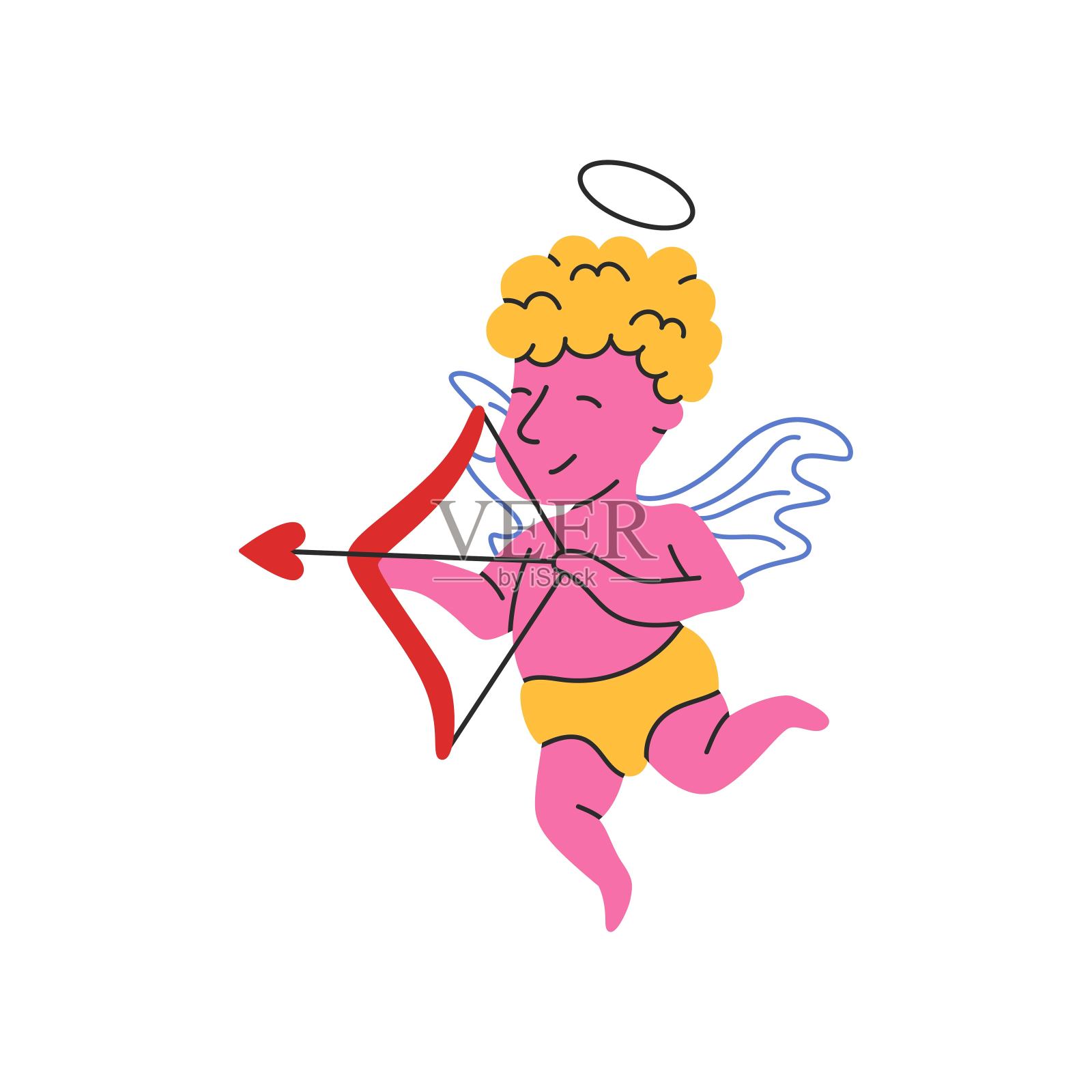 阿穆尔宝贝，有趣的丘比特，小天使矢量插图。可爱的希腊孩子带着心弓和箭。Groovy的风格。插画图片素材