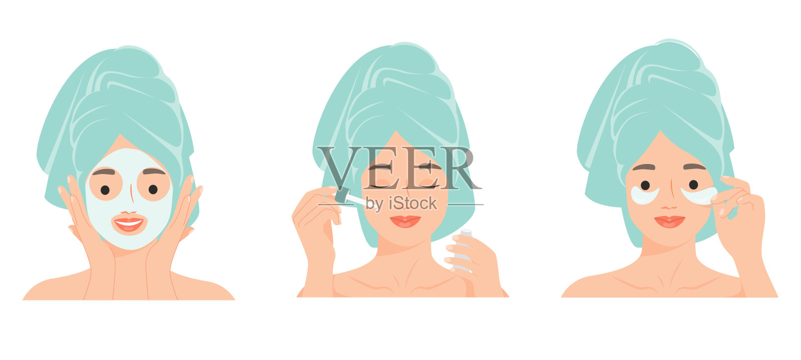 女士一步一步地做皮肤护理，敷面膜，敷化妆品精华油，用贴片。护肤常规，卫生和保湿概念。插画图片素材