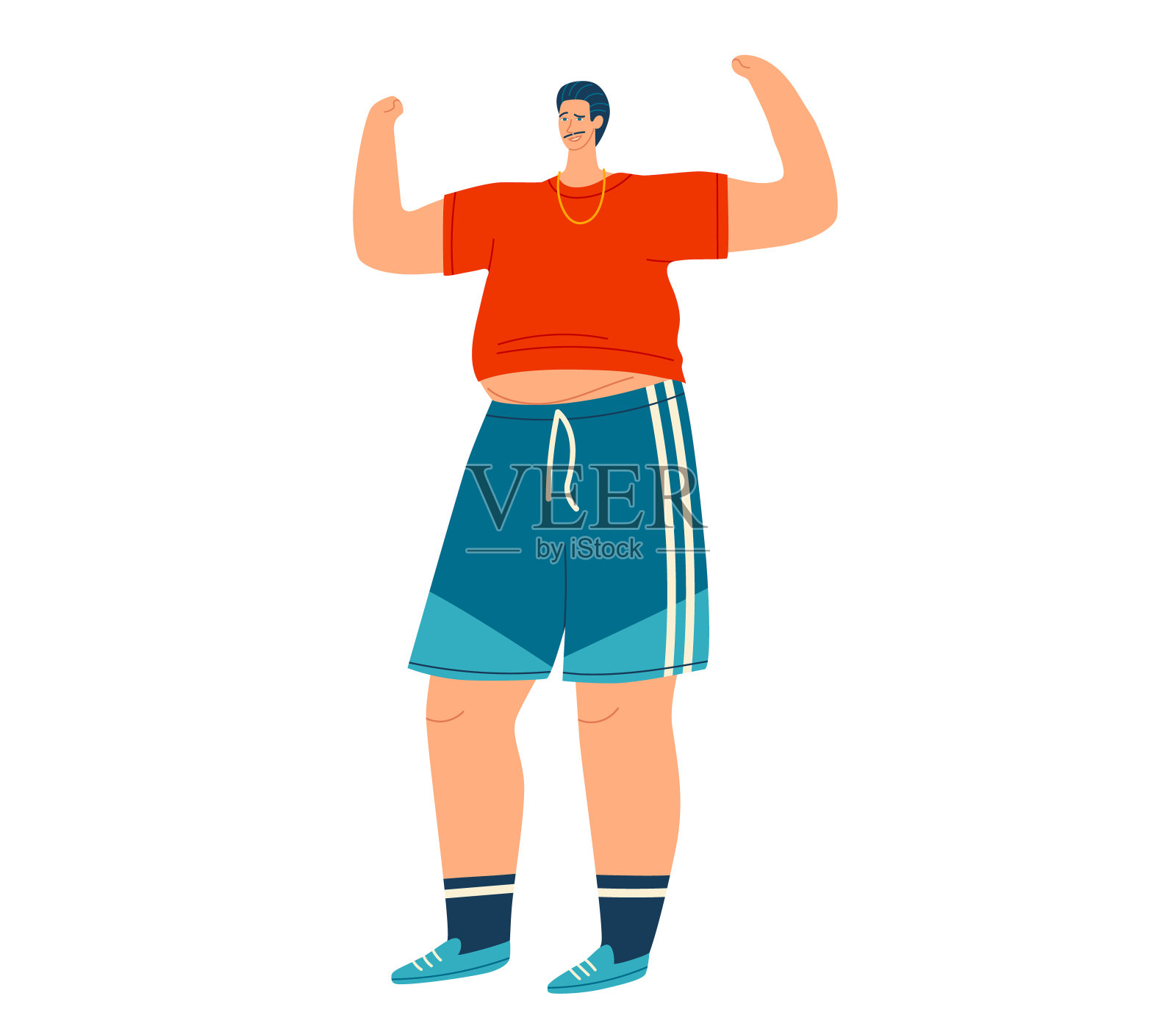 自信的大码男子愉快地弯曲肌肉。穿着休闲运动服的微笑男子展示了他的力量。身体积极性和自爱信息矢量插图插画图片素材