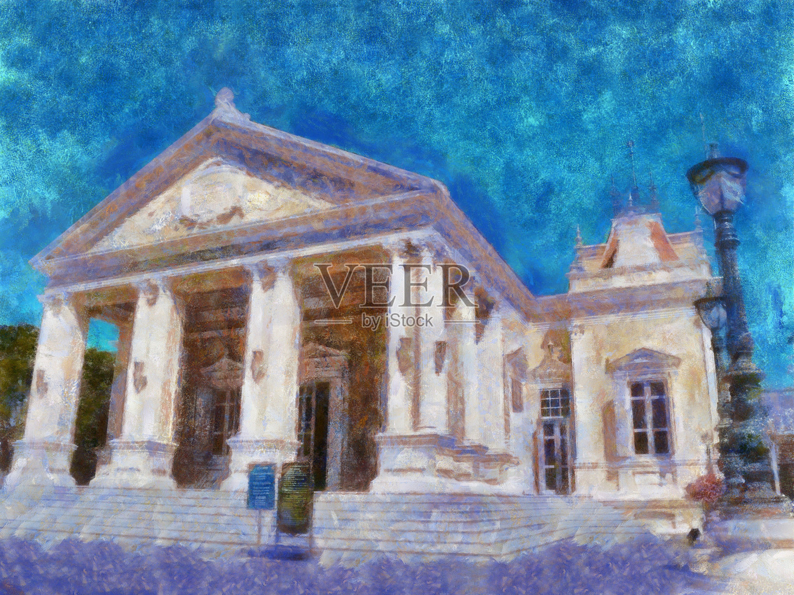 古代建筑欧洲建筑插图粉笔蜡笔彩色铅笔印象派风格的绘画。插画图片素材