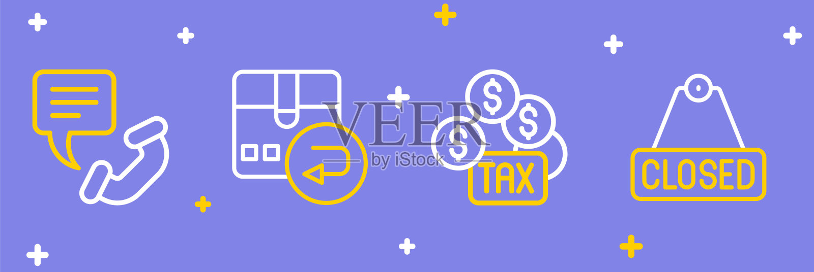 设置线悬挂标志，文字关闭，纳税，退回纸箱和电话24小时支持图标。向量插画图片素材