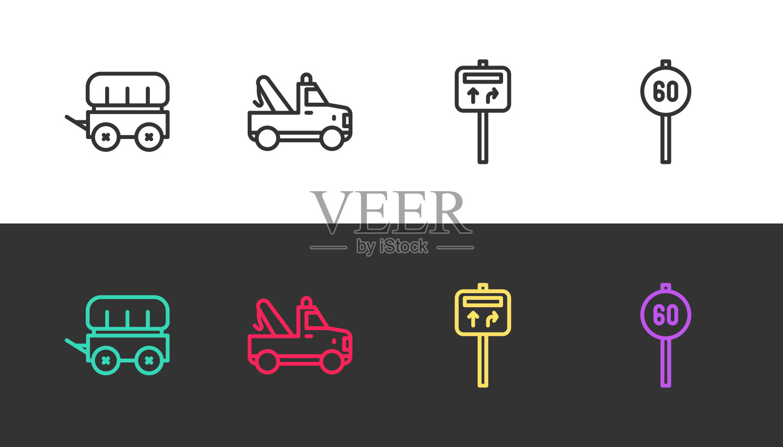 设定路线狂野西部篷车，拖车，道路交通标志和速度限制在黑色和白色。向量插画图片素材