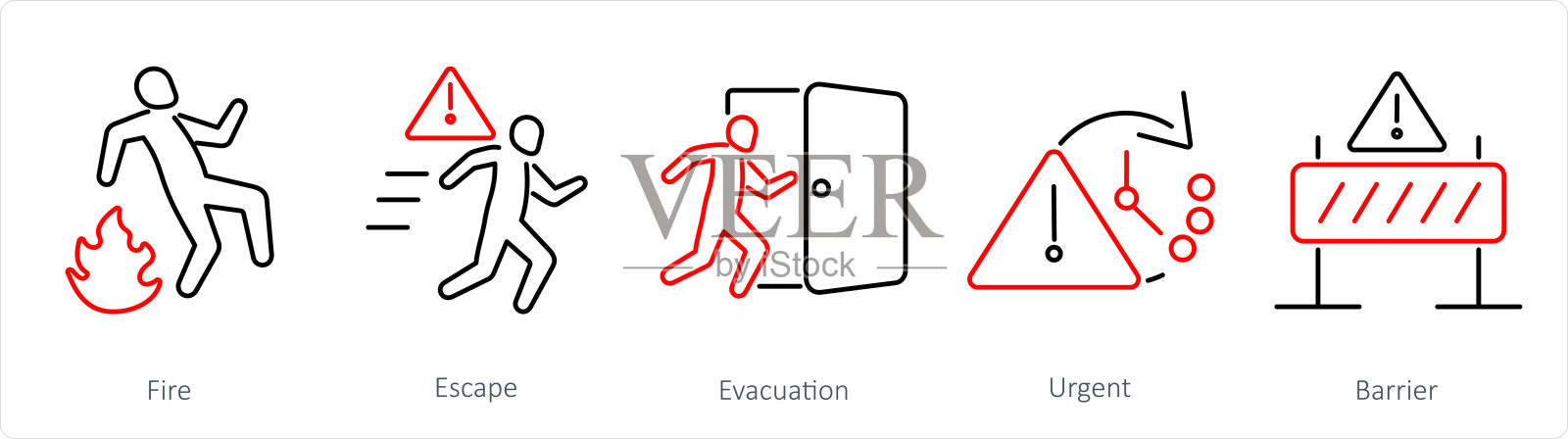 紧急情况图标集：火灾、逃生、疏散插画图片素材