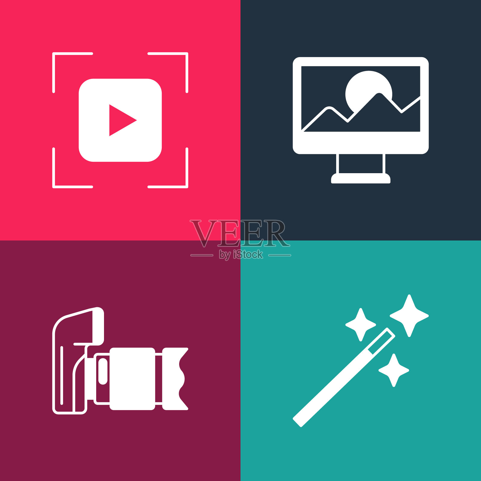 设置波普艺术照片修图，相机和相机对焦框线图标。向量插画图片素材