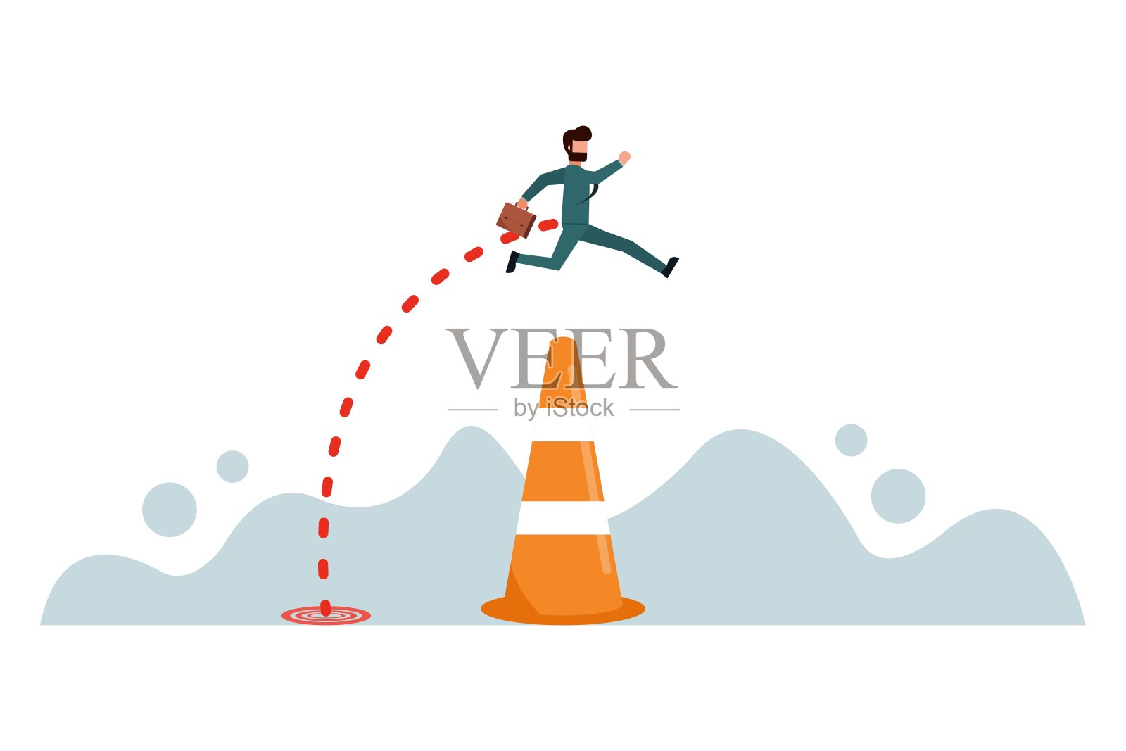 商人跳过交通锥或路障。克服商业障碍的想法。克服障碍，达到成功的目标。矢量插图平面设计风格插画图片素材