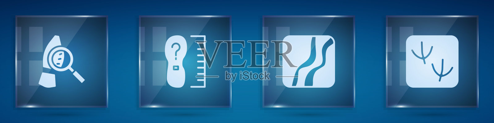 设置放大镜与脚印，方尺尺寸，蛇爪足迹和鸽子。方形玻璃板。向量插画图片素材