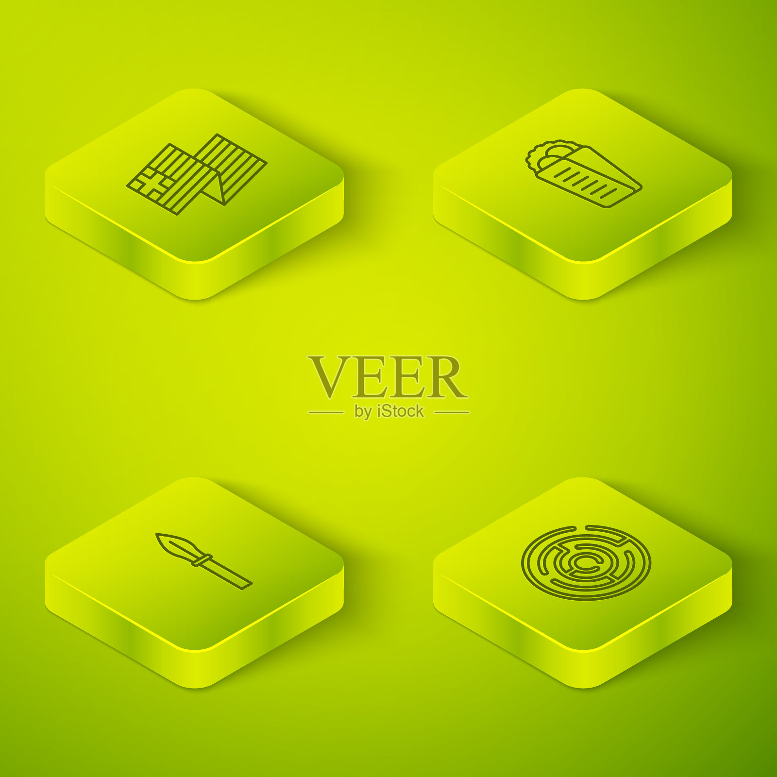 集希腊皮塔陀螺等距线、中世纪长矛、牛头怪迷宫和希腊国旗图标。向量插画图片素材