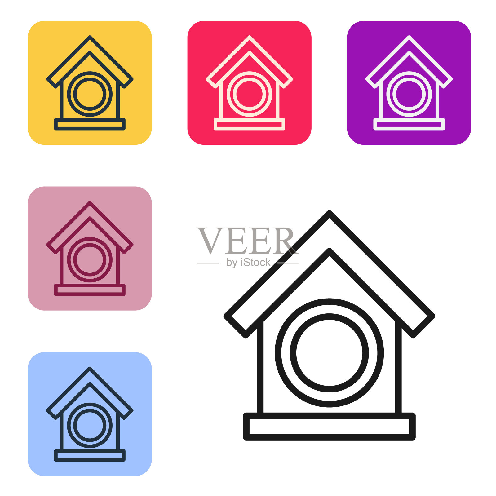 黑线狗屋图标孤立在白色背景。狗窝。设置图标为彩色方形按钮。向量插画图片素材