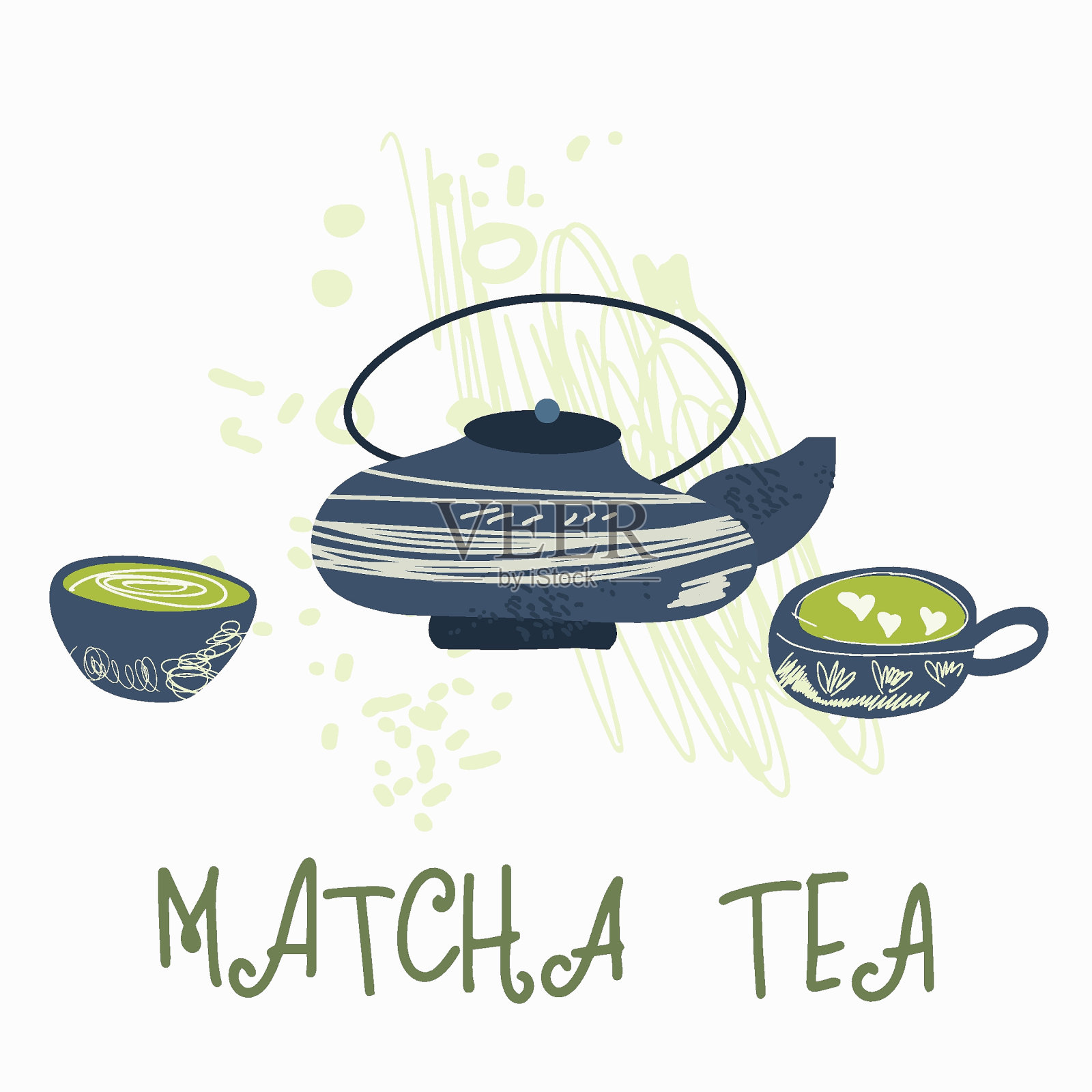 抹茶绿茶，用品，卡片，邀请函。各种抹茶产品。日本茶文化。手绘矢量插图。插画图片素材