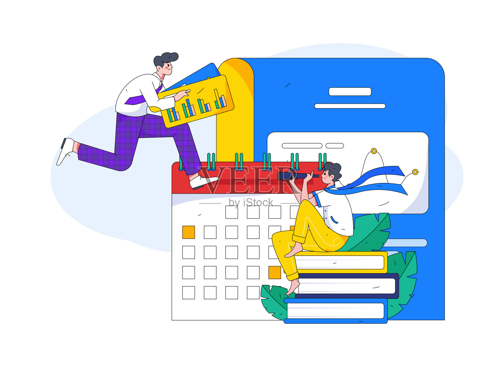 平面矢量插图的业务人员操作的工作场景插画图片素材