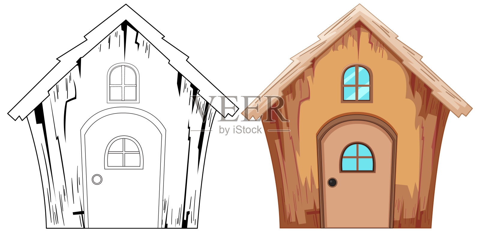 一个房子插画的两个阶段，素描到上色插画图片素材