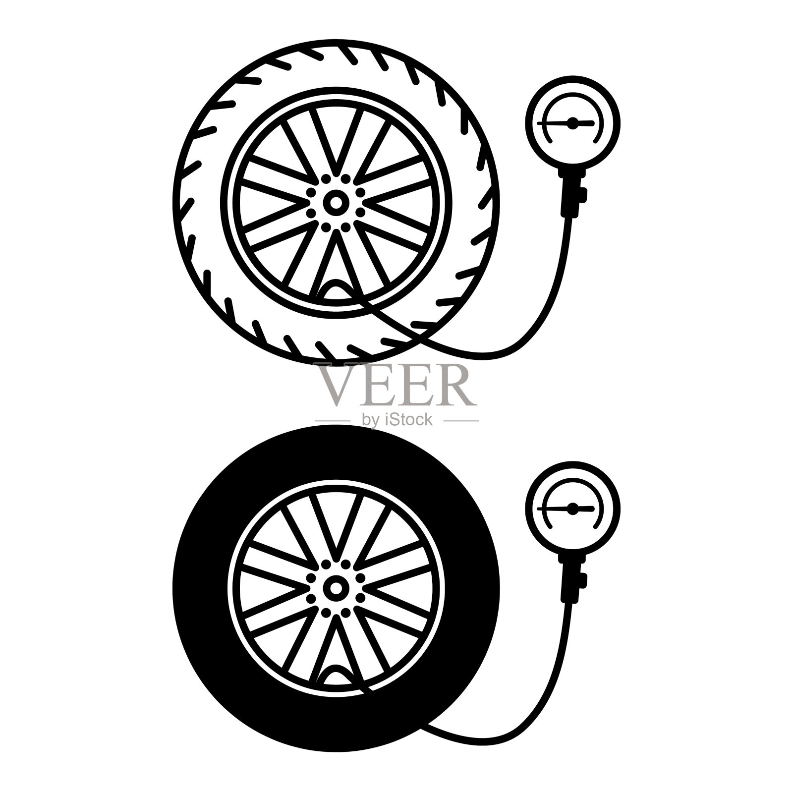 图标充气轮胎。黑色和白色矢量图标的汽车车轮和压力表。轮胎服务。检查胎压。汽车服务理念插画图片素材