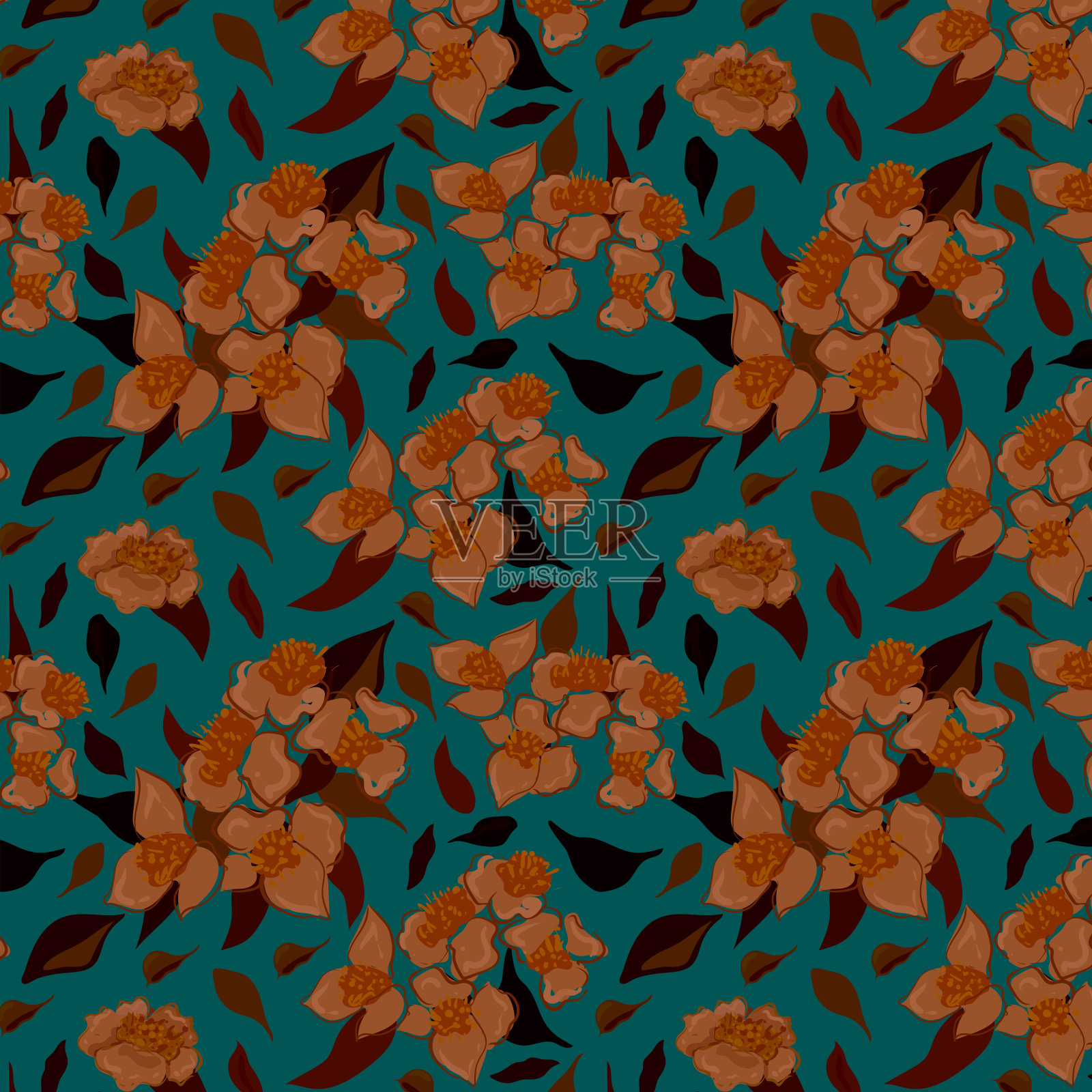 无缝花卉图案，复古的植物印花与春天植物学上的蓝色背景。插画图片素材