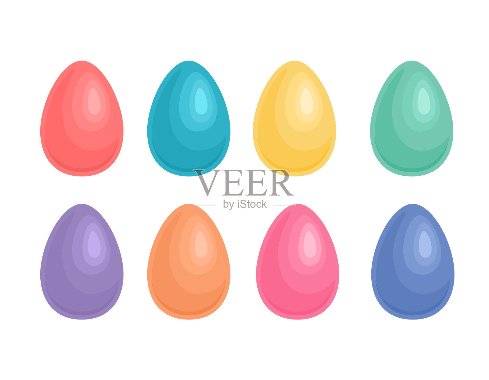 一套彩色卡通扁平复活节彩蛋孤立在白色。矢量插图。插画图片素材