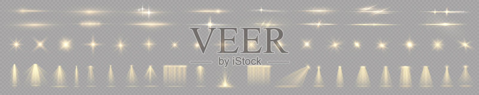 灯光效果设置。辉光隔离白色透明光效果集，镜头耀斑，爆炸，闪光，尘埃，线，太阳闪光，火花和星星，聚光灯，曲线旋转。阳光，抽象的特效。插画图片素材