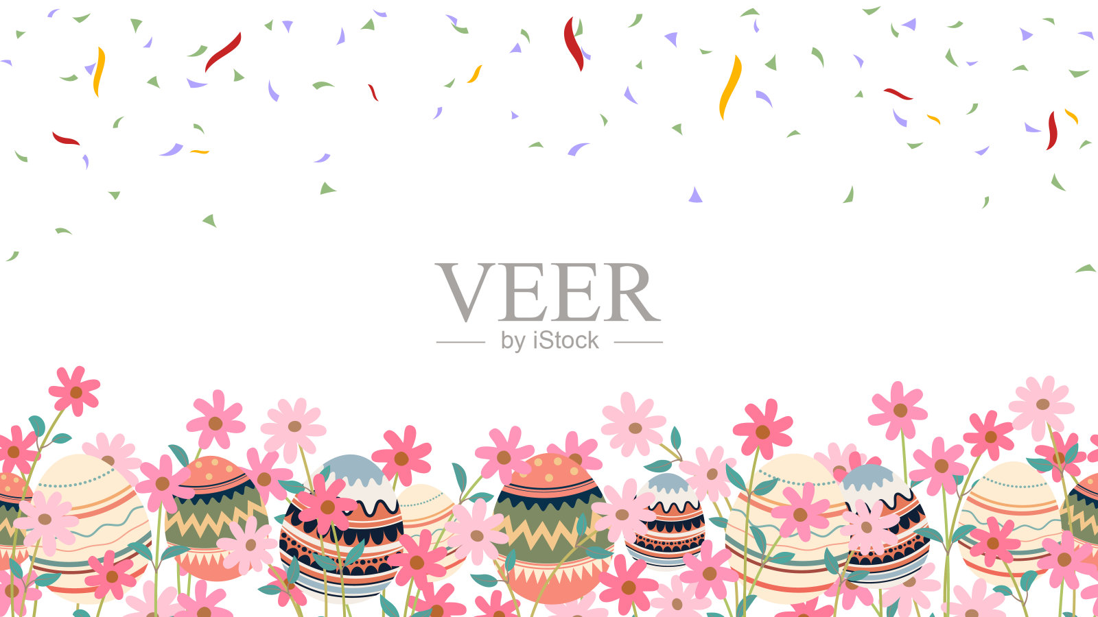 画上五颜六色的复活节彩蛋，雏菊和彩纸横幅的背景插画图片素材