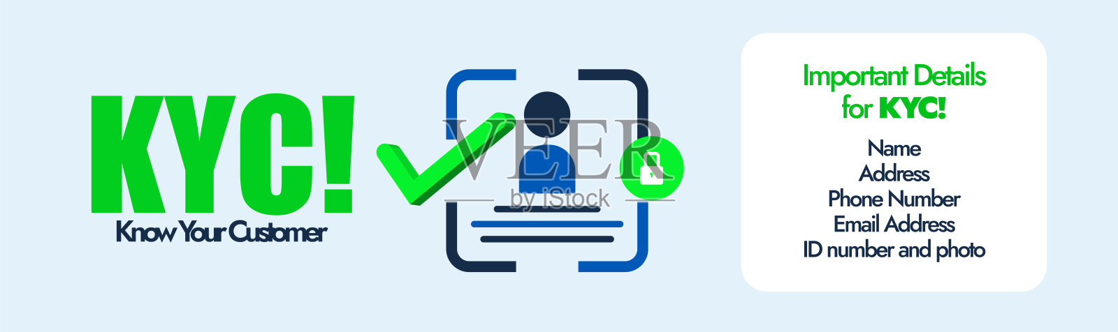 KYC意识覆盖横幅。做你的KYC封面横幅与个人资料识别图标和详细信息，以确保数据安全。了解你的客户或客户的安全，从任何欺诈，风险。插画图片素材