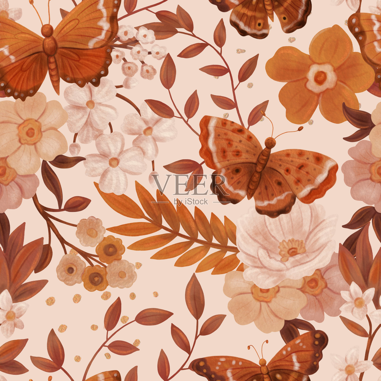 复古水彩图案与花和蝴蝶插画图片素材