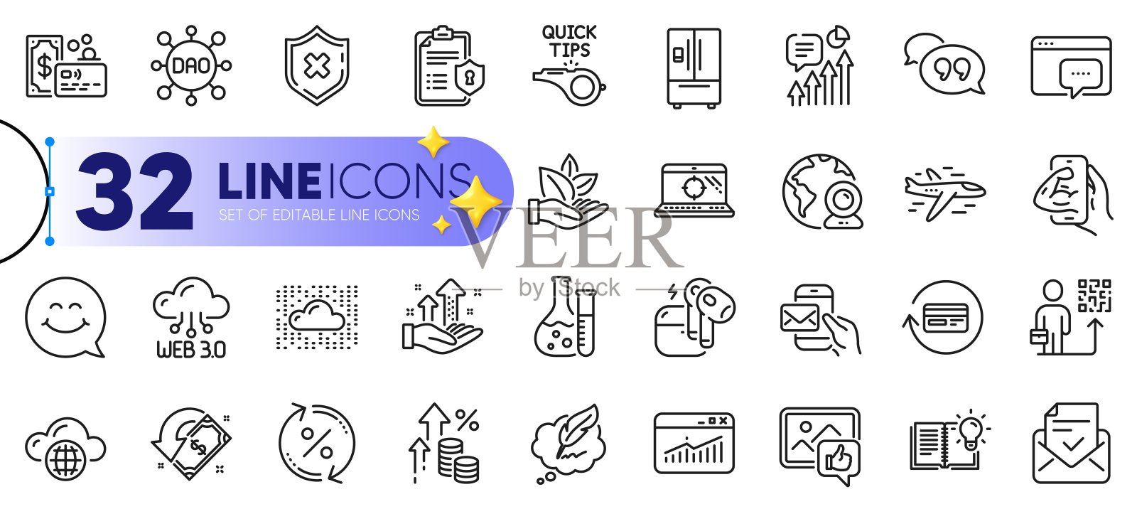 轮廓集的飞机，贷款百分比和喜欢的照片线图标。用于web应用程序。矢量插画图片素材