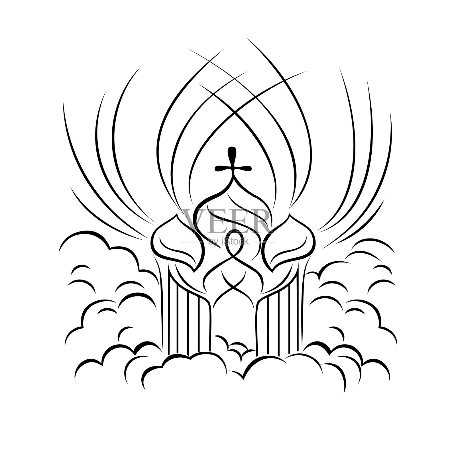 有阳光和云彩的天堂教堂。线条艺术矢量插图插画图片素材