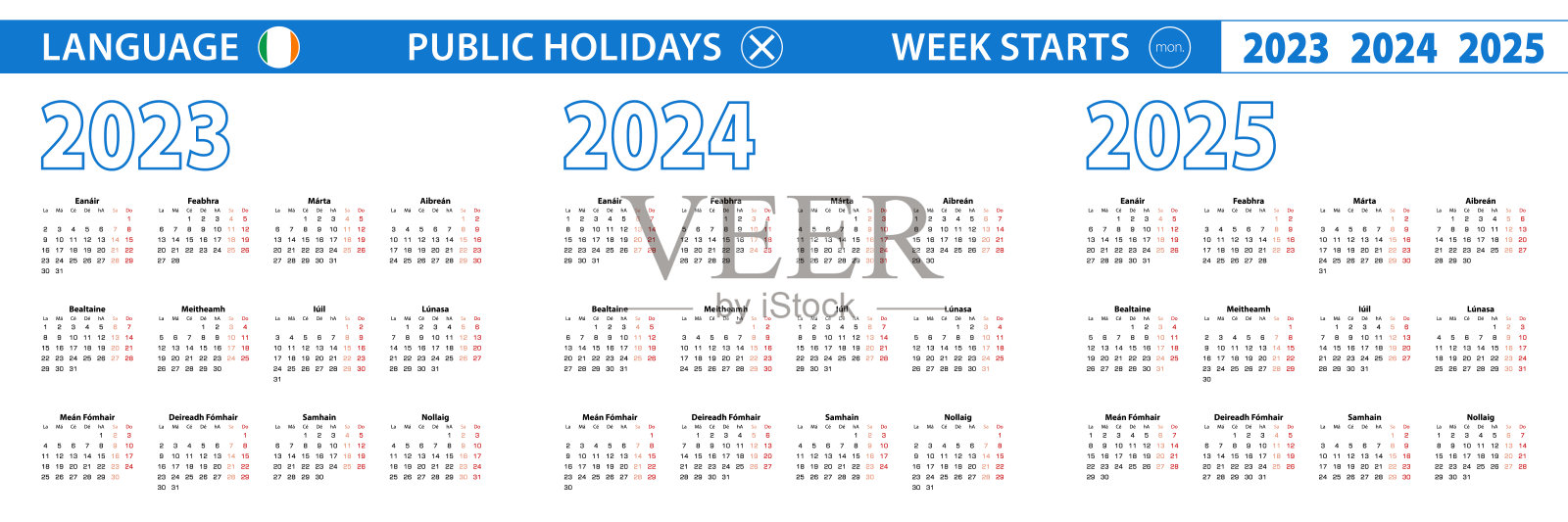 简单的日历模板在爱尔兰2023年，2024年，2025年。一周从周一开始。插画图片素材