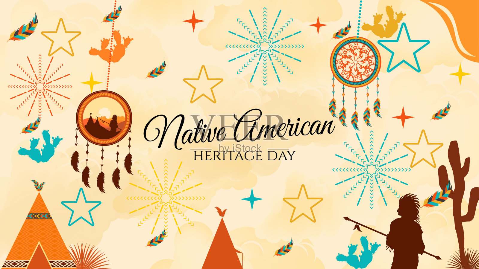 美国原住民遗产日背景设计矢量插图与阿帕奇悬挂装饰插画图片素材