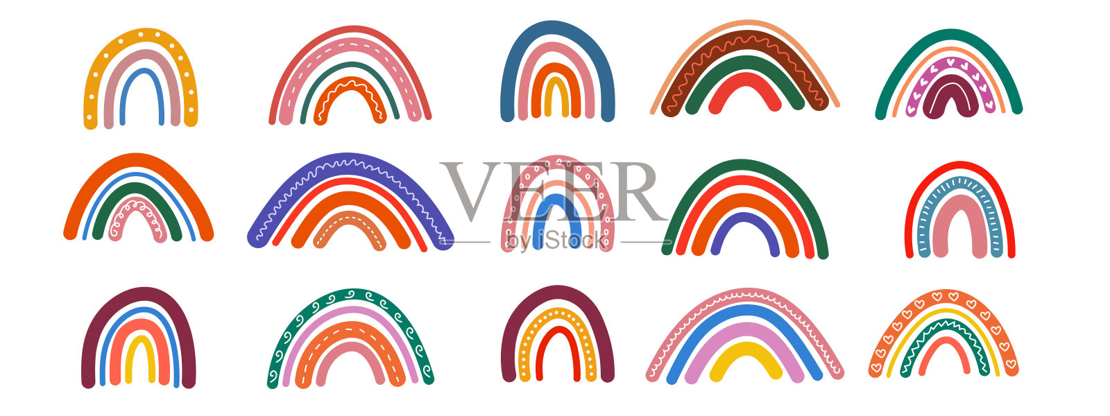 手绘的彩虹。斯堪的纳维亚风格的彩虹套装。插画图片素材