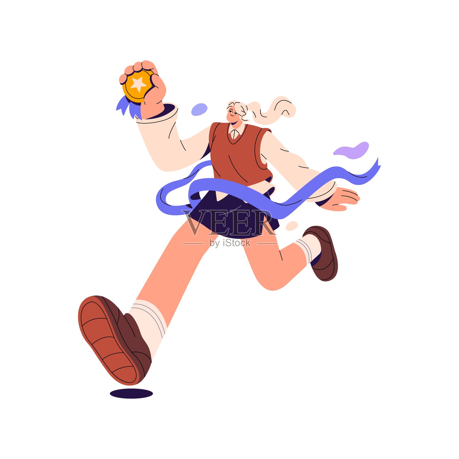 快乐的女孩捧着金牌，冲过终点线。成功者成功。冠军与奖励庆祝挑战的胜利。年轻女子为胜利而欢欣鼓舞。平面隔离矢量插图上的白色插画图片素材