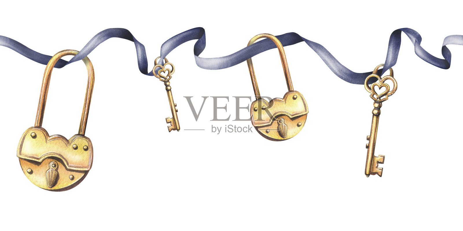 金钥匙和锁悬挂在深蓝色的缎带上。手绘水彩插图。无缝边界与背景隔离。插画图片素材