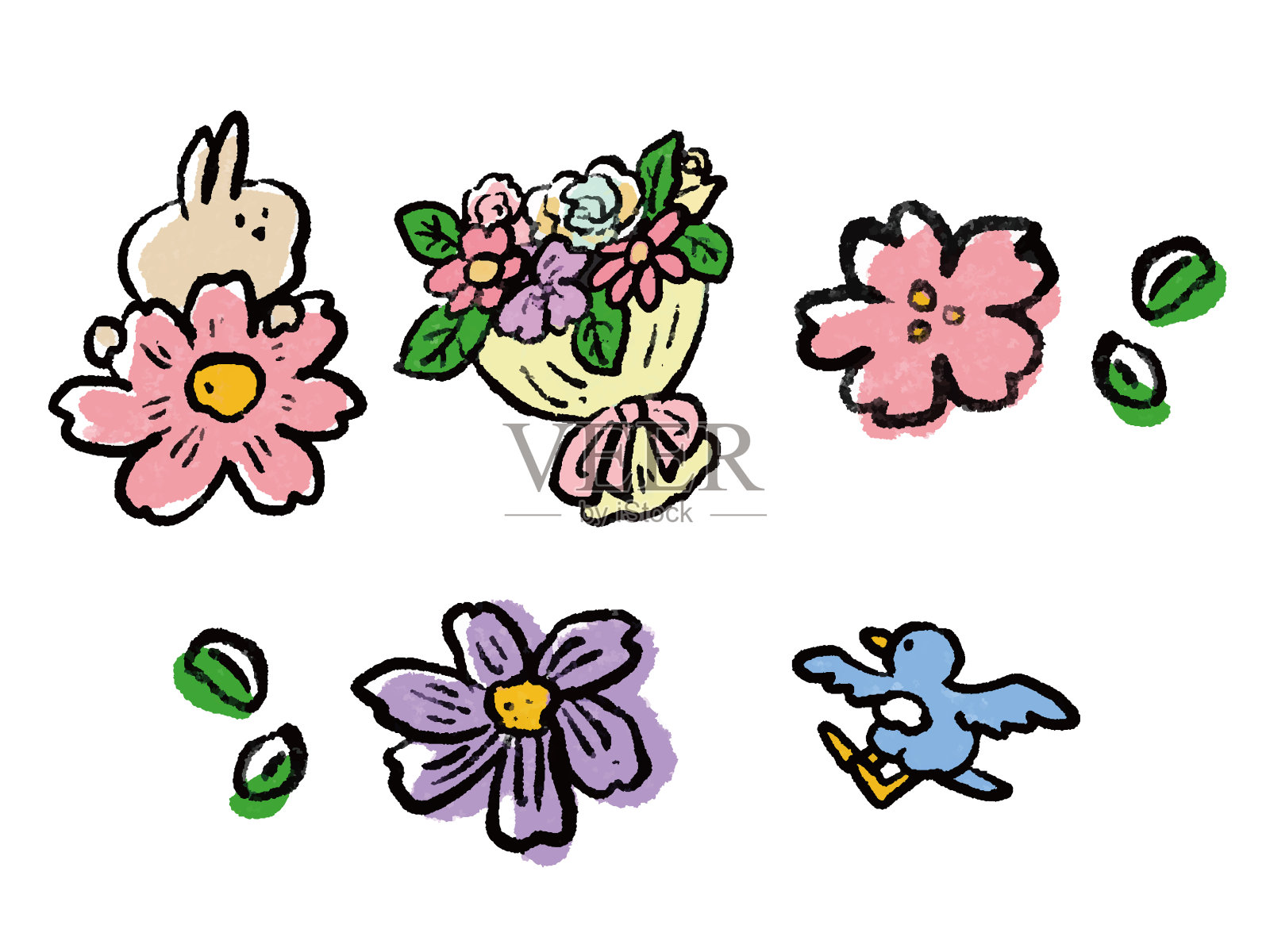 水彩手绘插画集的花，鸟和兔子插画图片素材