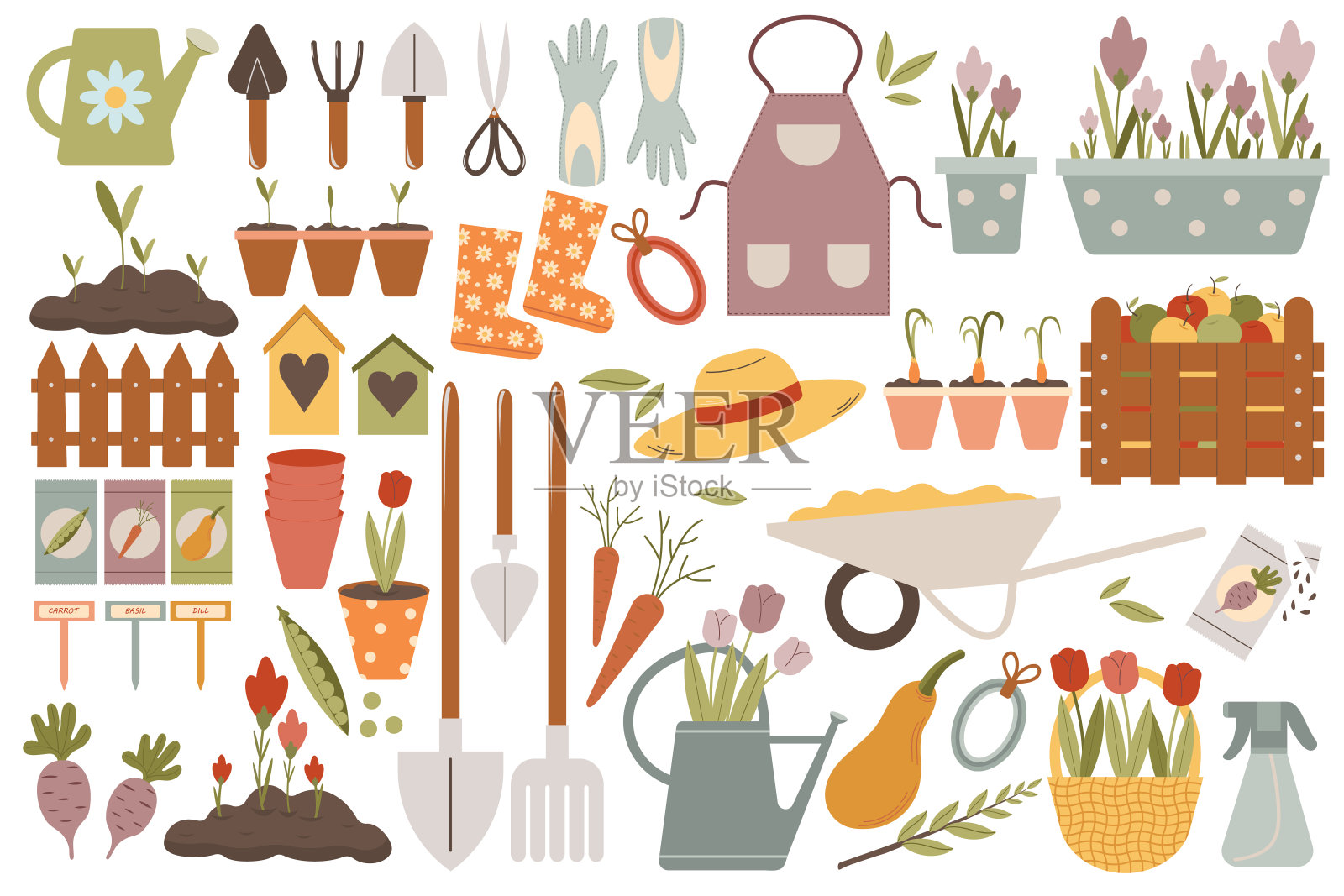 矢量集的花园项目在手绘风格孤立的白色背景插画图片素材