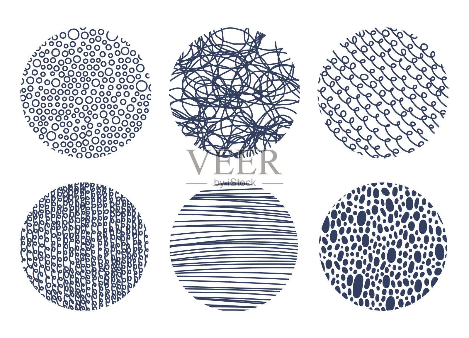 手绘圆形图案。涂鸦抽象虚点形状，斑点孵化涂鸦图案平面涂鸦矢量插图集插画图片素材