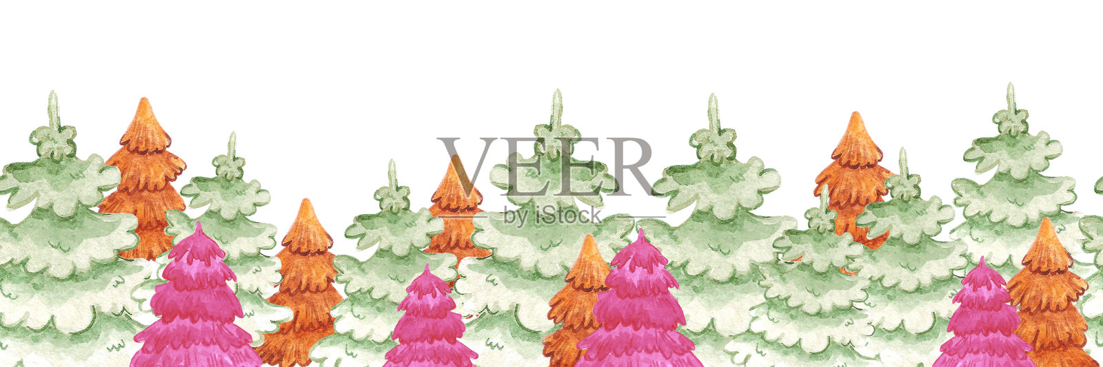 手绘水彩圣诞冷杉树无缝边界隔离在白色背景。可用于标签、胶带、装饰等印刷品。插画图片素材
